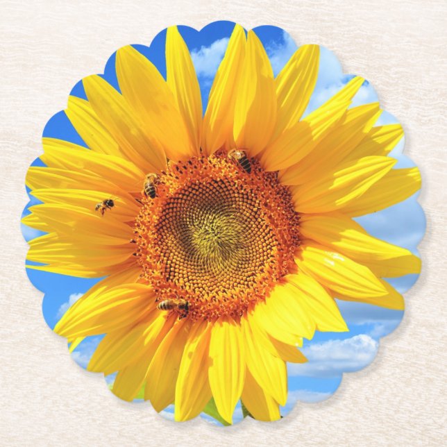 Yellow Sunflower and Bees Paper Coaster (Front)