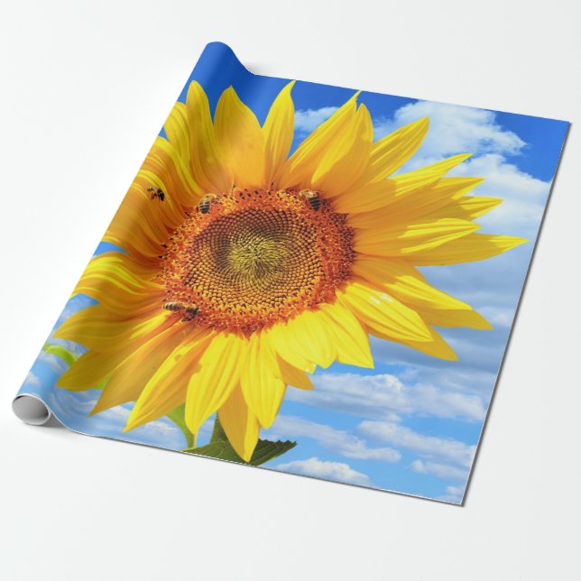 Yellow Sunflower and Bees Wrapping Paper (Unrolled)