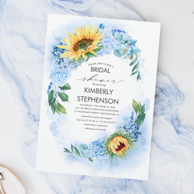 Yellow Sunflower and Blue Hydrangea Bridal Shower Invitation (Creator Uploaded)