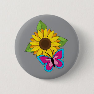 Yellow Sunflower and Blue Pink Butterfly 6 Cm Round Badge