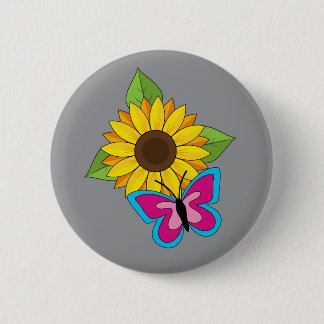 Yellow Sunflower and Blue Pink Butterfly 6 Cm Round Badge