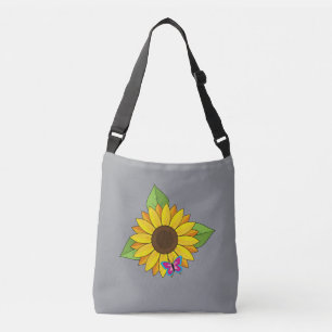 Yellow Sunflower and Blue Pink Butterfly Crossbody Bag