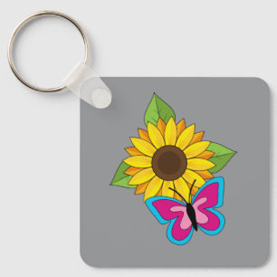 Yellow Sunflower and Blue Pink Butterfly Key Ring