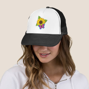Yellow Sunflower and Blue Pink Butterfly Trucker Hat
