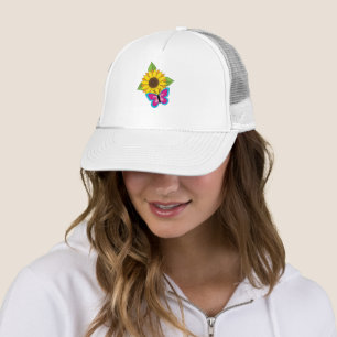 Yellow Sunflower and Blue Pink Butterfly Trucker Hat