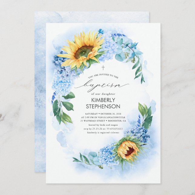 Yellow Sunflower and Dusty Blue Hydrangea Baptism Invitation (Front/Back)