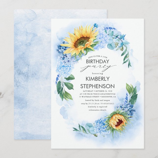 Yellow Sunflower and Dusty Blue Hydrangea Birthday Invitation (Front/Back)