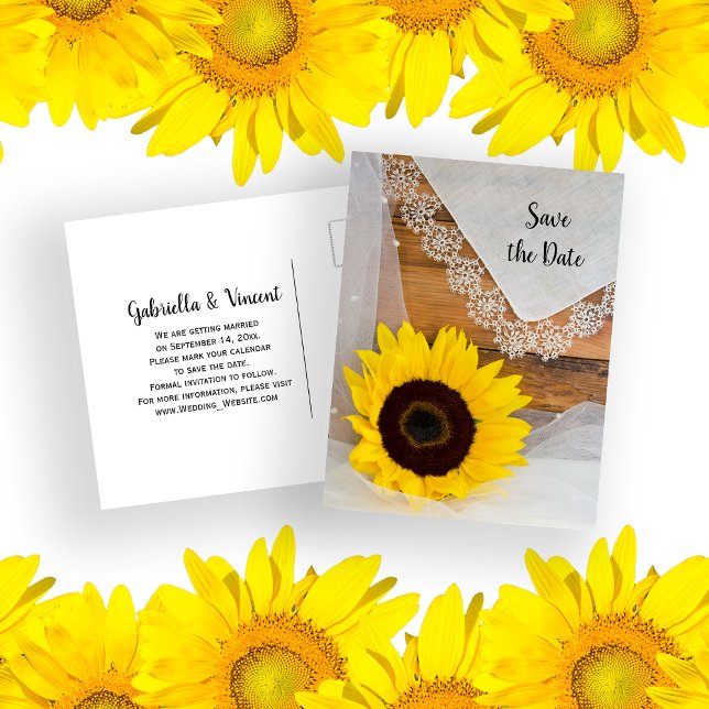 Yellow Sunflower and Lace Wedding Save the Date Announcement Postcard (Creator Uploaded)