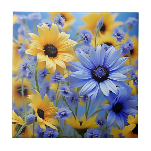 Yellow Sunflower And Wildflowers Ceramic Tile (Front)