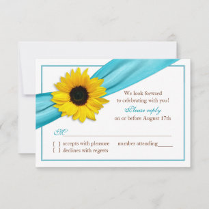Yellow Sunflower Aqua Blue Ribbon Wedding RSVP Card