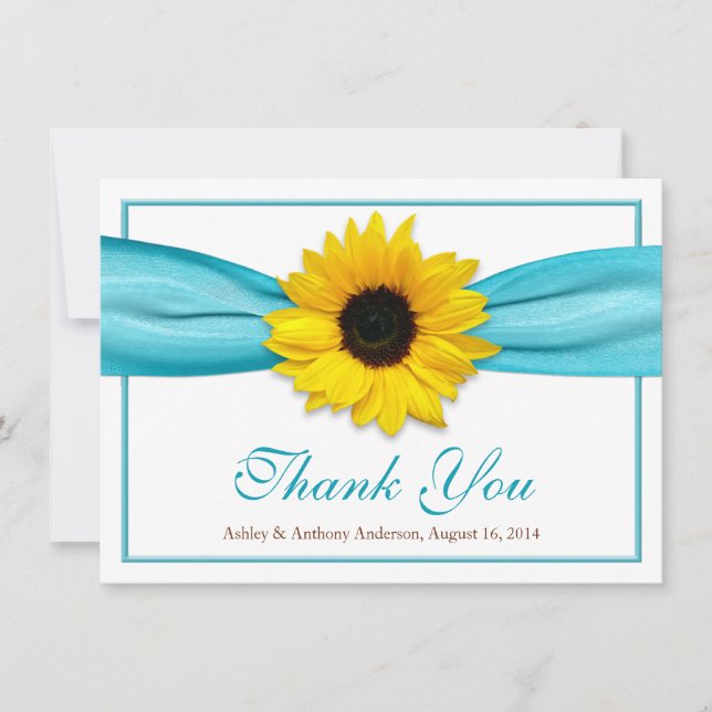 Yellow Sunflower Aqua Ribbon Wedding Thank You (Front)