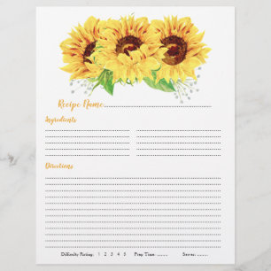 Yellow Sunflower Binder Recipe Inserts