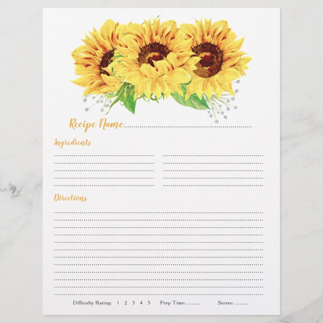 Yellow Sunflower Binder Recipe Inserts (Front)
