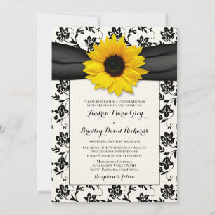 Yellow Sunflower Black Damask Floral Wedding Invitation