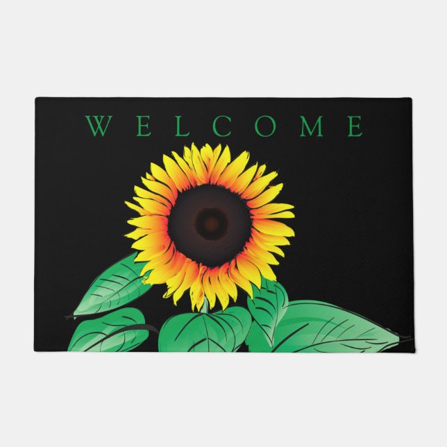 Yellow Sunflower Black Doormat (Front)