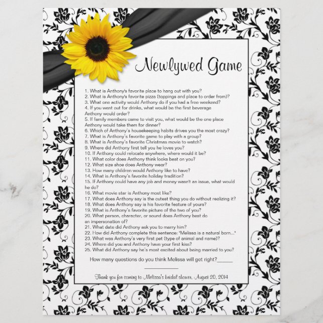 Yellow Sunflower Black Floral Bridal Shower Game (Front)