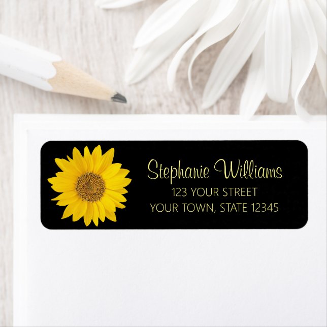 Yellow Sunflower Black Return Address Label (Insitu)