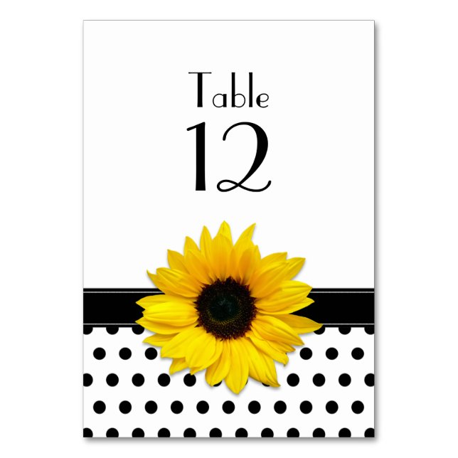 Yellow Sunflower Black White Polka Dot Wedding Table Number (Front)