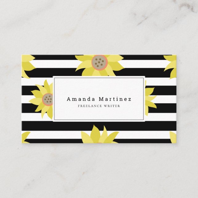 Yellow Sunflower Black & White Stripes Business Card (Front)