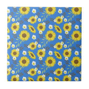 Yellow Sunflower Blue Background Flower Floral Ceramic Tile