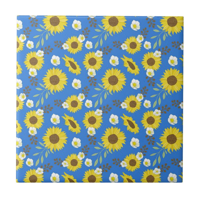 Yellow Sunflower Blue Background Flower Floral Ceramic Tile (Front)