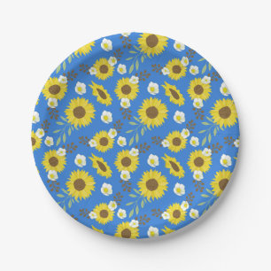 Yellow Sunflower Blue Background Flower Floral Paper Plate