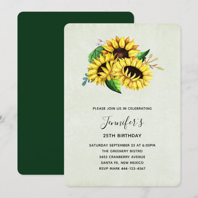 Yellow Sunflower Bouquet in Watercolor Birthday Invitation (Front/Back)