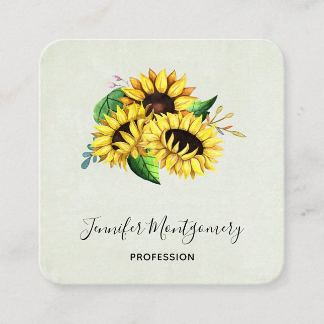 Yellow Sunflower Bouquet in Watercolor Square Business Card (Front)