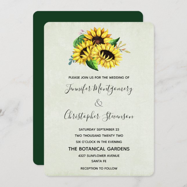 Yellow Sunflower Bouquet in Watercolor Wedding Invitation (Front/Back)