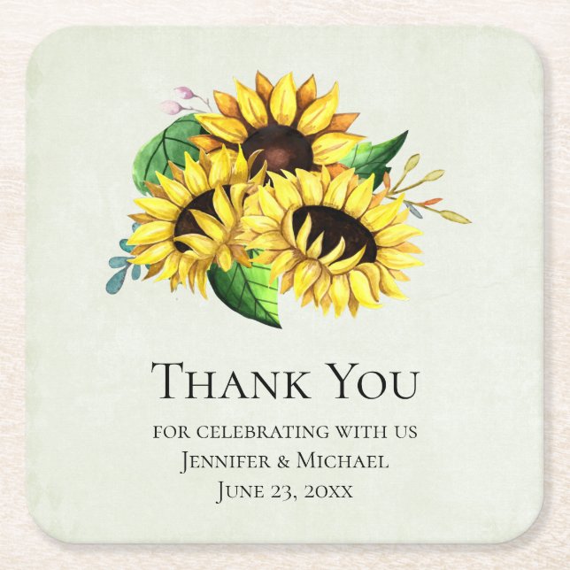 Yellow Sunflower Bouquet in Watercolor Wedding Square Paper Coaster (Front)