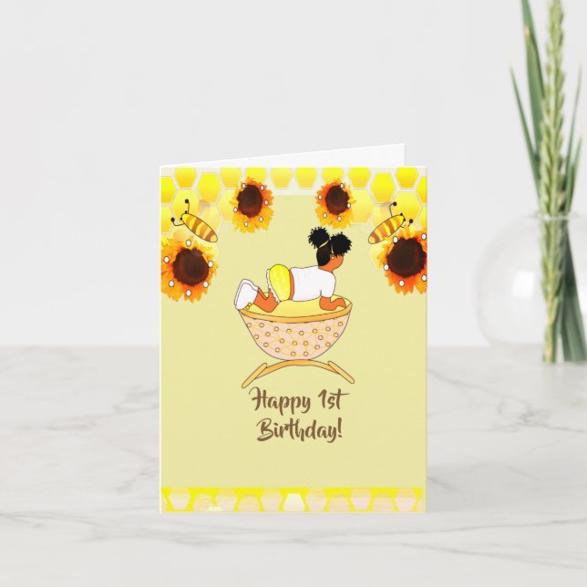 Yellow Sunflower, Bumble Bee, Baby Girl Birthday Card (Front)
