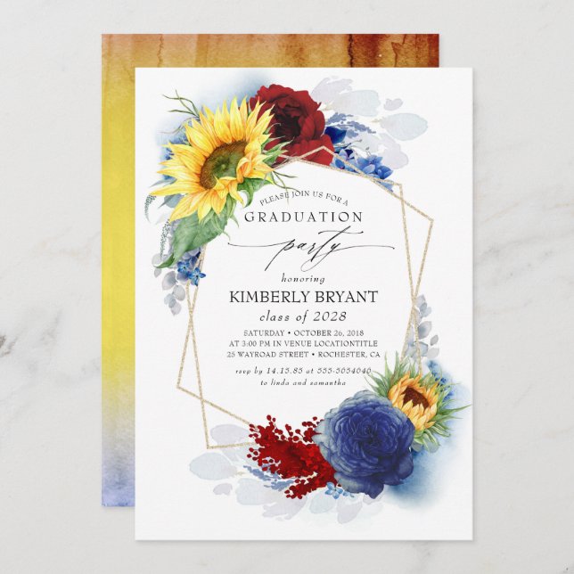 Yellow Sunflower Burgundy Navy Blue Graduation Invitation (Front/Back)