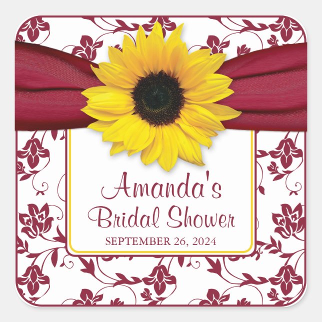 Yellow Sunflower Burgundy Personalised Wedding Square Sticker (Front)