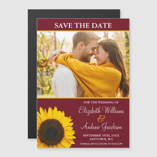 Yellow Sunflower Burgundy Photo Save the Date Magnetic Invitation (Front/Back)