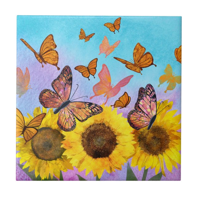 Yellow Sunflower Butterfly Garden Decorative Ceramic Tile (Front)