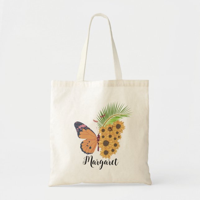 Yellow sunflower Butterfly Personalised Name Tote Bag (Front)