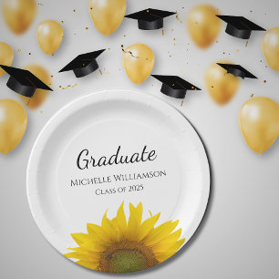 Yellow Sunflower Class of 2025 Graduation Party Paper Plate