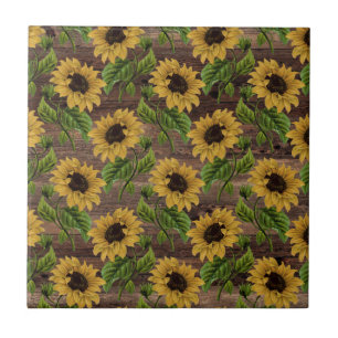 Yellow Sunflower Country Style Brown Wooden Rustic Ceramic Tile