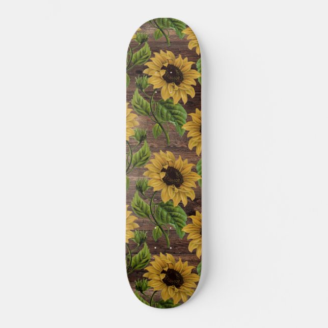 Yellow Sunflower Country Style Brown Wooden Rustic Skateboard (Front)