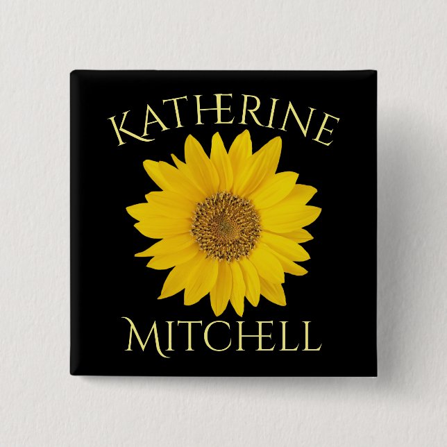 Yellow Sunflower Custom Name Black 15 Cm Square Badge (Front)