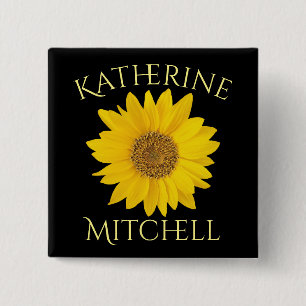 Yellow Sunflower Custom Name Black 15 Cm Square Badge