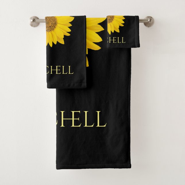 Yellow Sunflower Custom Name Black Bath Towel Set (Insitu)