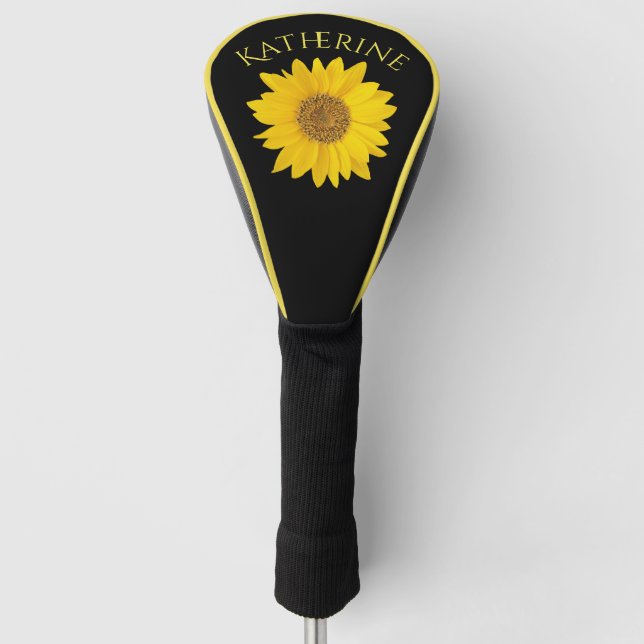 Yellow Sunflower Custom Name Black Golf Head Cover (Front)