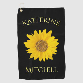 Yellow Sunflower Custom Name Black Golf Towel
