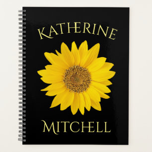 Yellow Sunflower Custom Name Black Planner