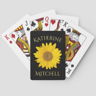Yellow Sunflower Custom Name Black Playing Cards