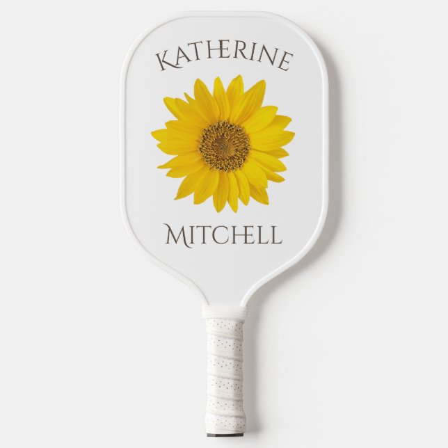 Yellow Sunflower Custom Name White Pickleball Paddle (Front)