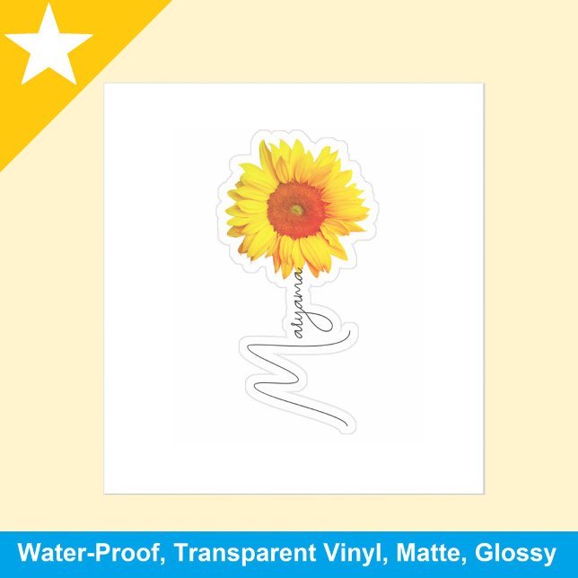 Yellow Sunflower (Cute Tag) Handwritten Name (handwritten name sticker, floral name label, personalized sunflower decal, cute name stickers, happy)