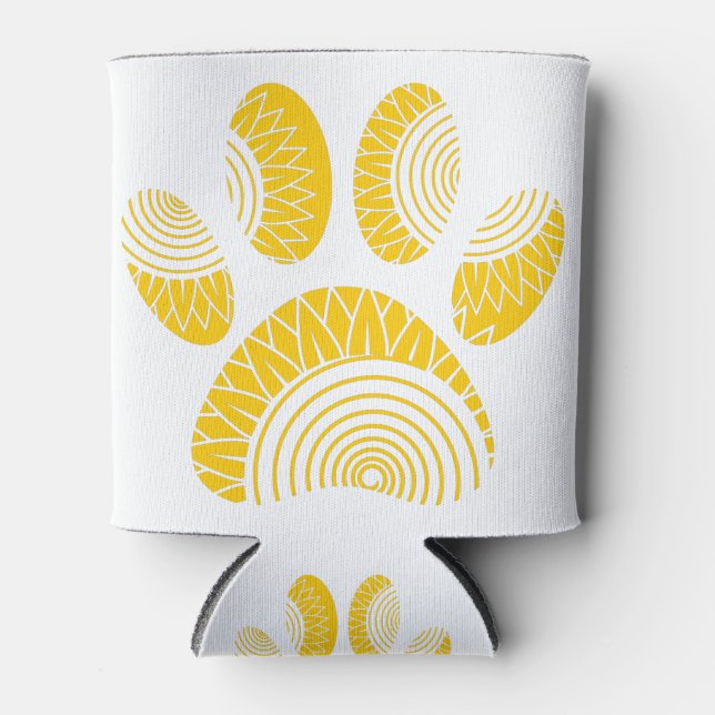 Yellow Sunflower Dog Paw Print Can Cooler (Front)