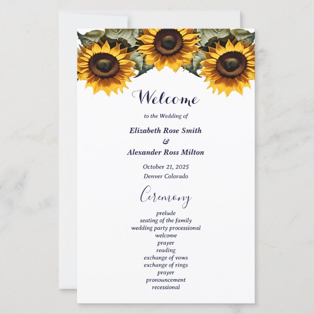 Yellow sunflower elegant wedding program (Front)